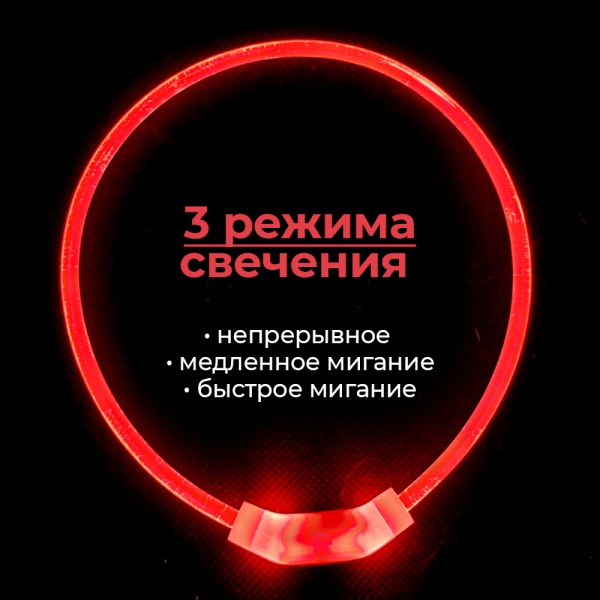 Ошейник светящийся светодиодный для собак с USB зарядкой 55 см, прозрачный с красным 
